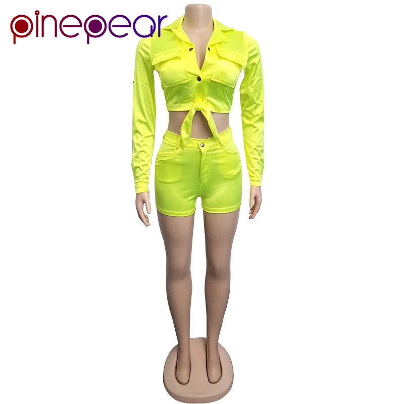 PinePear, новинка, модный, розовый, красный, стиль сафари, карманы, пуговицы, топ с бантом, шорты, набор, для женщин, два предмета, наряды, Прямая поставка