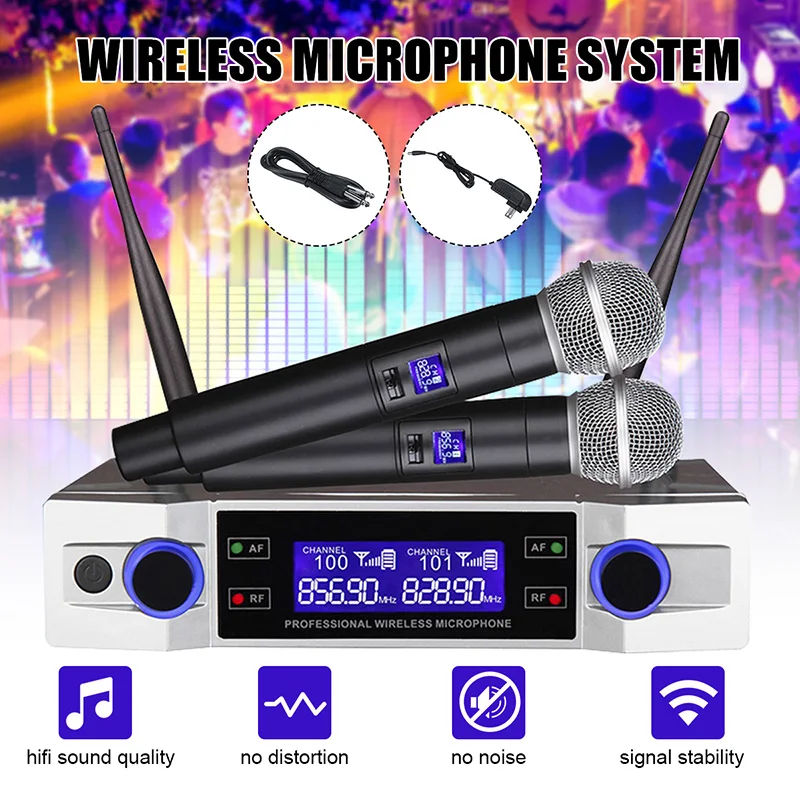 

Беспроводной микрофон Hi-Fi 100 ~ 240 В, 2 канала, УКВ, профессиональный ручной микрофон для вечерние ринки, караоке, церкви, шоу, встреч