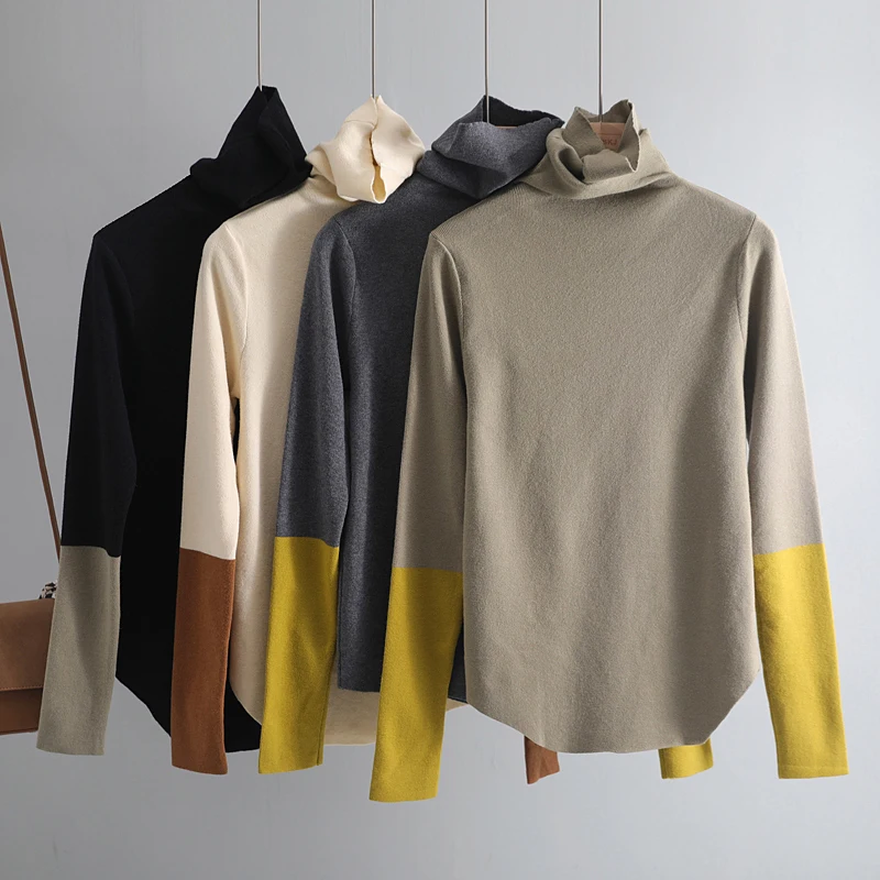 2019 casual spring autumn Pile collar weater pullovers Women basic loose patchwork sweater female turtleneck knit jumper | Женская