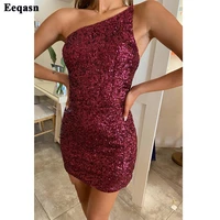 eeqasn burgundy sheath mini party dresses sequines sheath prom gowns backless cocktail dress one shoulder women event outfits