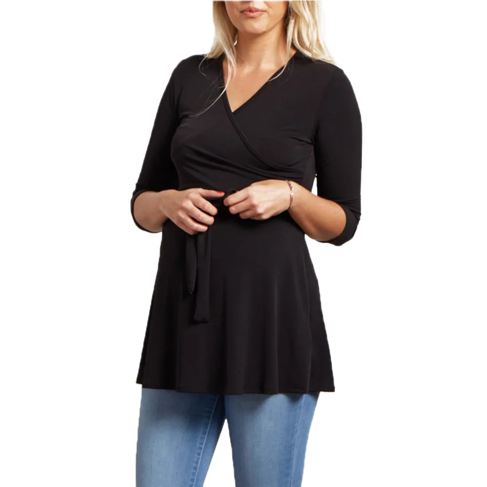 

Women's Maternity Tops Long Sleeve V Neck Peplum Self Tie Pregnancy Blouses Button Down Tunic Casual Autumn Shirt Mama Clothes