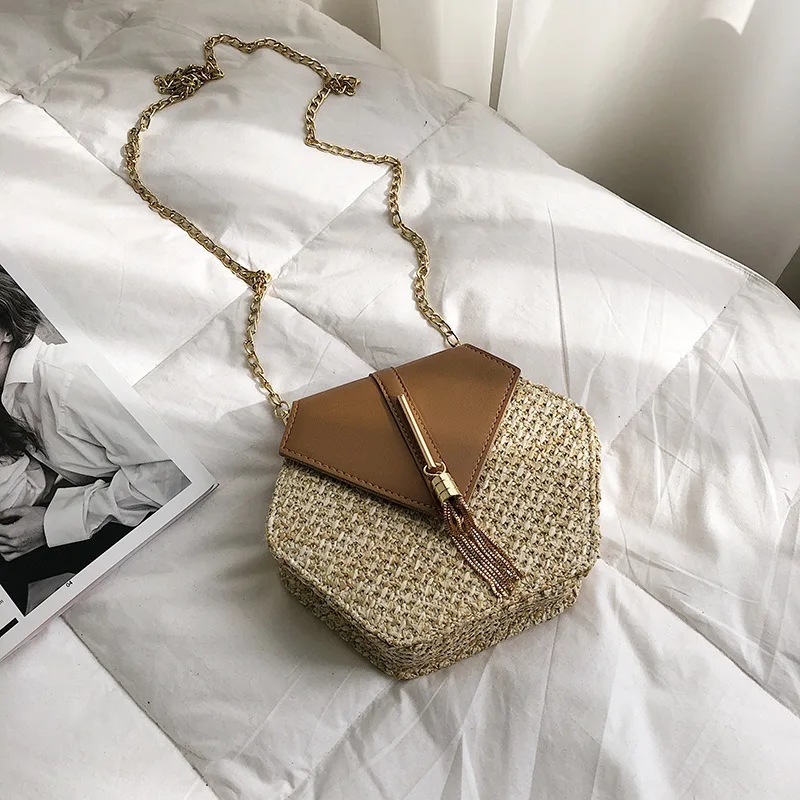 

Hexagon Mulit Style Straw+leather Handbag Women Summer Rattan Bag Handmade Woven Beach Circle Bohemia Shoulder Bag New Fashion