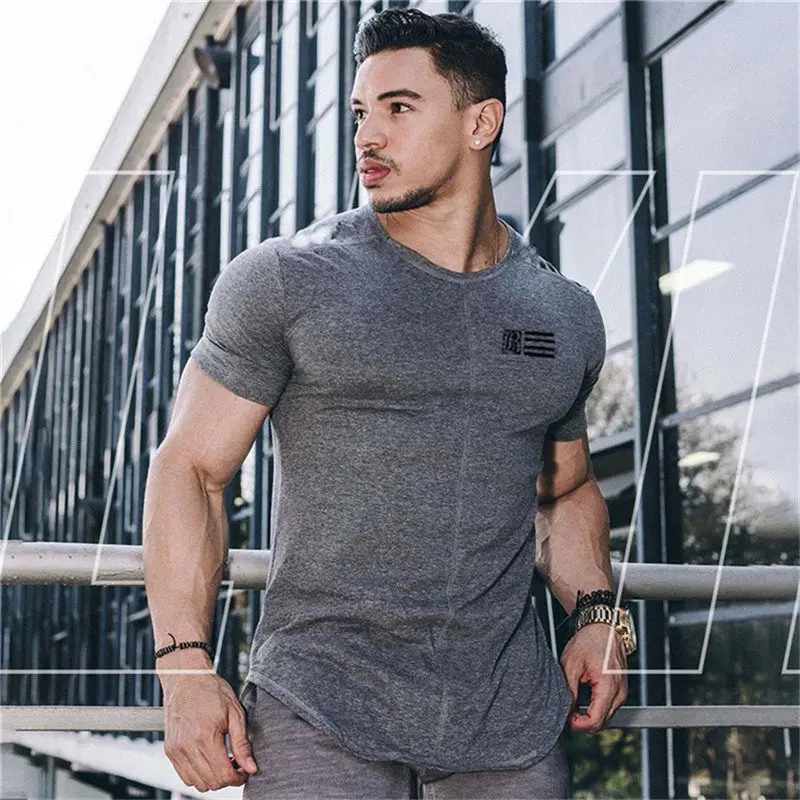 dark gray Новая брендовая одежда тренажерные залы Tight хлопковая Футболка Для мужчин s Фитнес футболка для мужчин Gyms футболка Для мужчин Фитнес летние футболки, топы - Цвет: dark gray