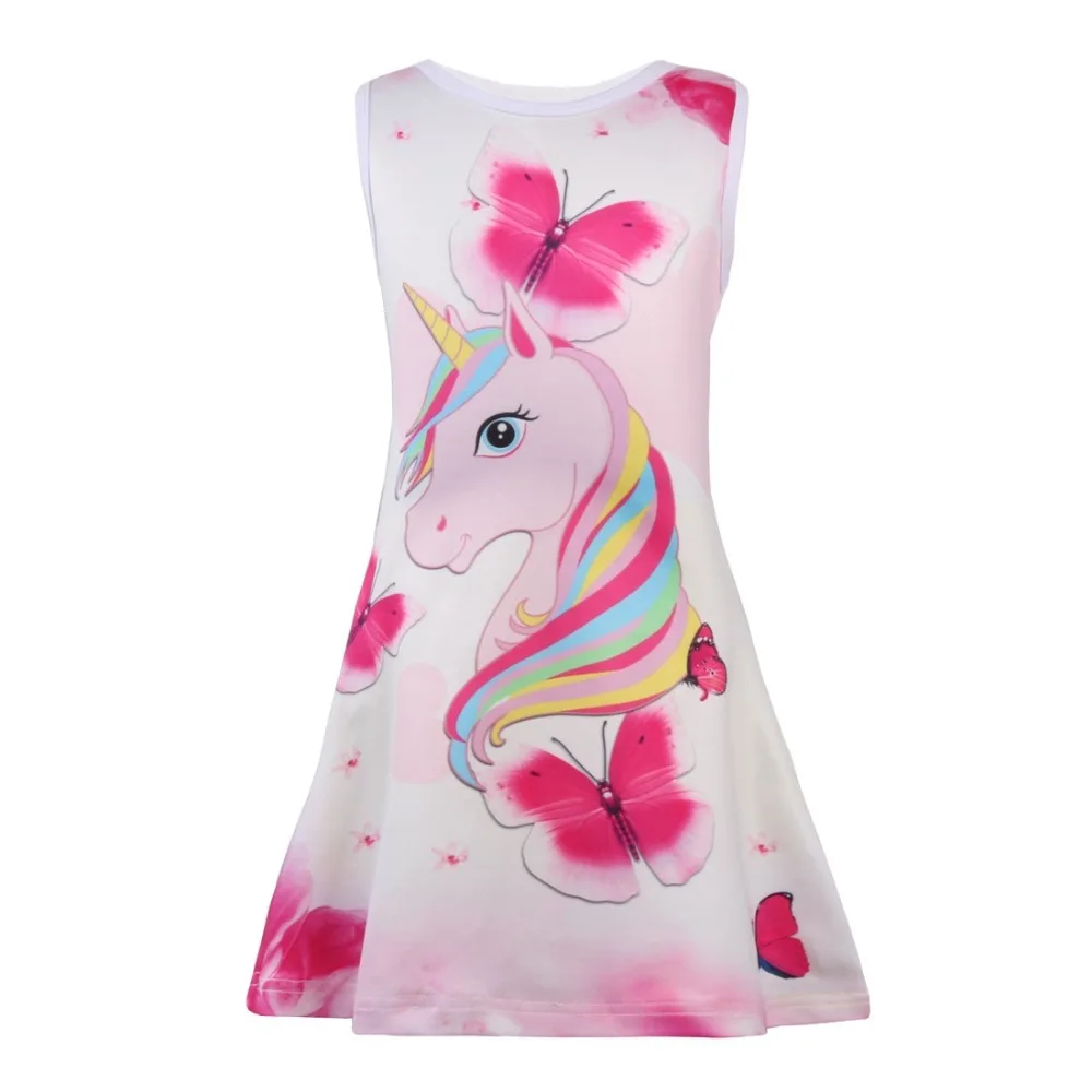 Summer Butterfly Girls Unicorn Dress Children Cartoon Floral Party Birthday Sleeveless Dresses Kids Baby Princess Clothes | Детская