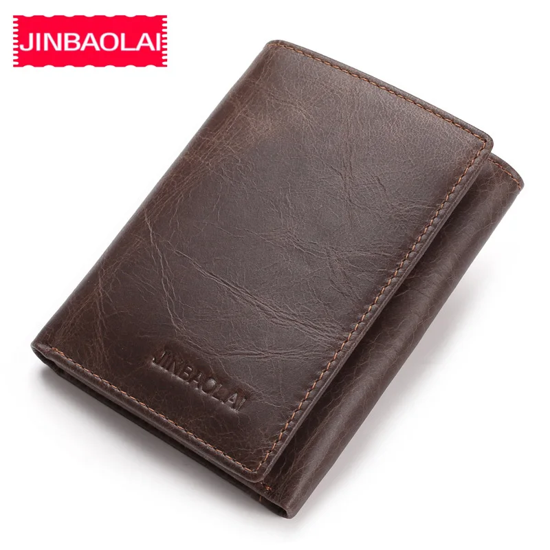 Фото Мужские кошельки JINBAOLAI из натуральной воловьей кожи, короткий бумажник с отделением для банкнот, винтажные брендовые портмоне для мужчин №1