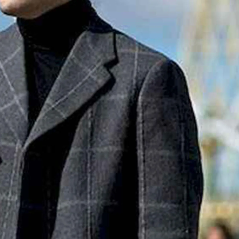 Клетчатое шерстяное мужское пальто размера плюс серое офисное повседневное