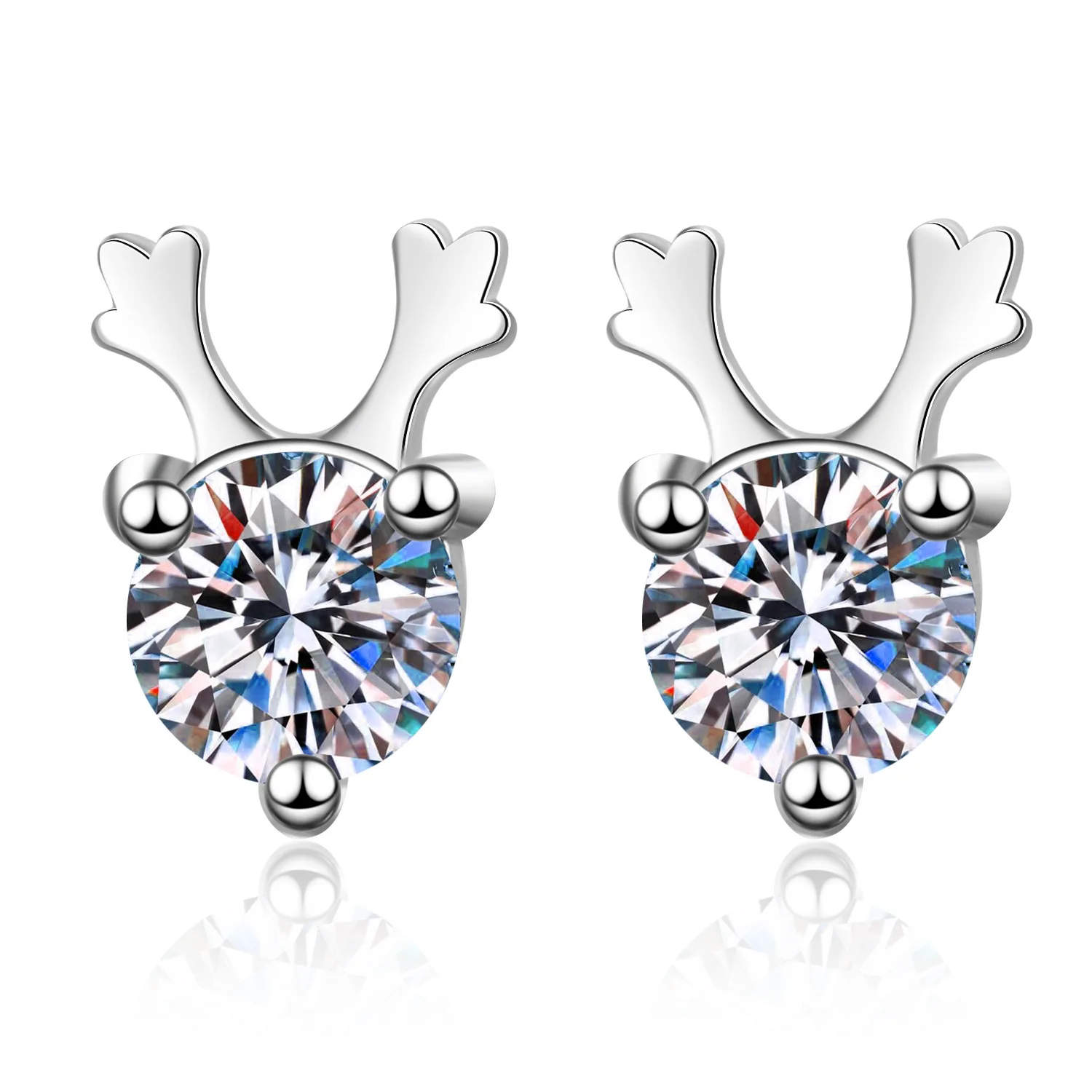 

S925 Pure Silver Antlers Stud Earrings Female 60 mo SangShi Three Jaw Diamond Earrings