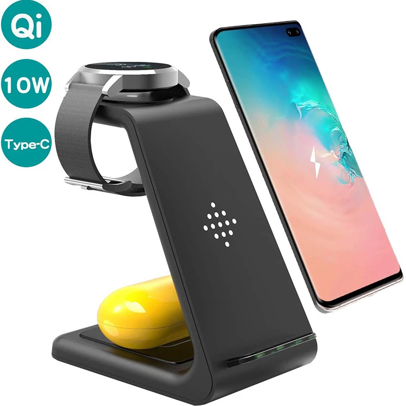 

3 в 1 тип-c Беспроводное зарядное устройство Подставка для iPhone12 Apple Watch Airpods 10 Вт QI Быстрая зарядка держатель для Samsung Watch Galaxy Buds