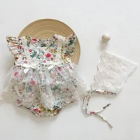 2021 summer new baby girl floral bodysuit cute fly sleeve newborn girls jumpsuit with bow white lace princess dress with hat