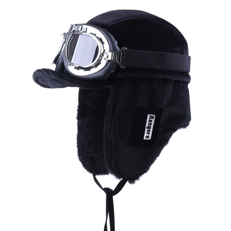 Зимняя куртка-бомбер Шапки Плюшевые Earflap русская ушанка с очки для мужчин женщин's Траппер Авиатор шлем летчика Искусственная кожа меха зимние шапки - Цвет: Black-Clear Goggles