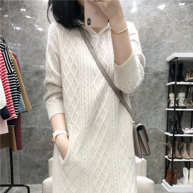 

Autumn and Winter New Thick Pure Wool Woman loose Long Knee Knitted Bottoming Dress Large Size Pullover