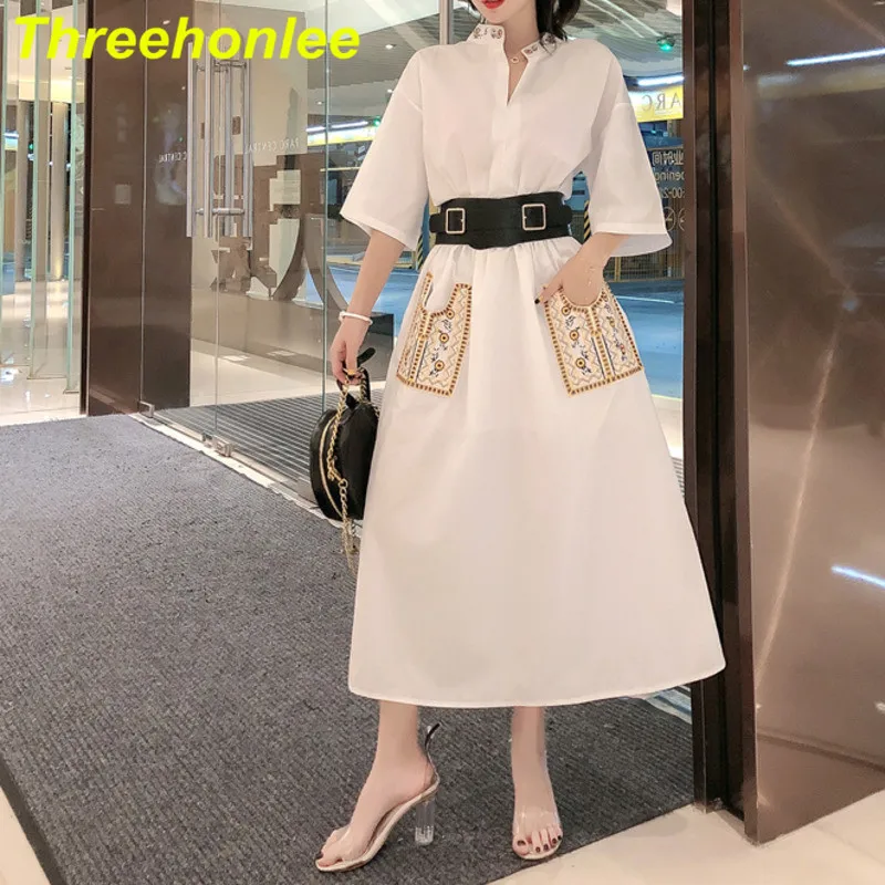 

Женское платье-рубашка с цветочной вышивкой, белое платье в этническом ретро стиле с поясом из искусственной кожи, декоративное платье с ко...