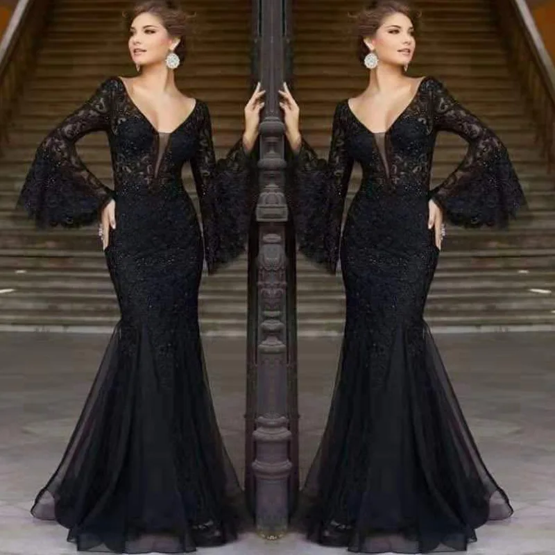 

2021 summer new women's dress noble sexy slim fishtail long banquet dress black anchor evening dress