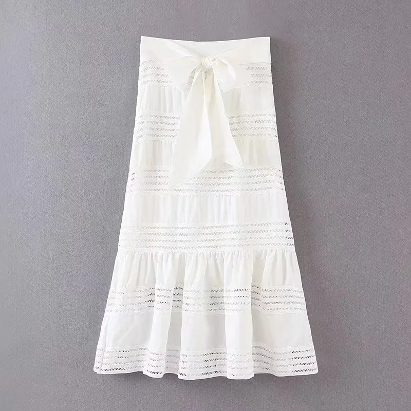 Женский хлопковый комплект из двух предметов DEAT белая длинная юбка с бантом и