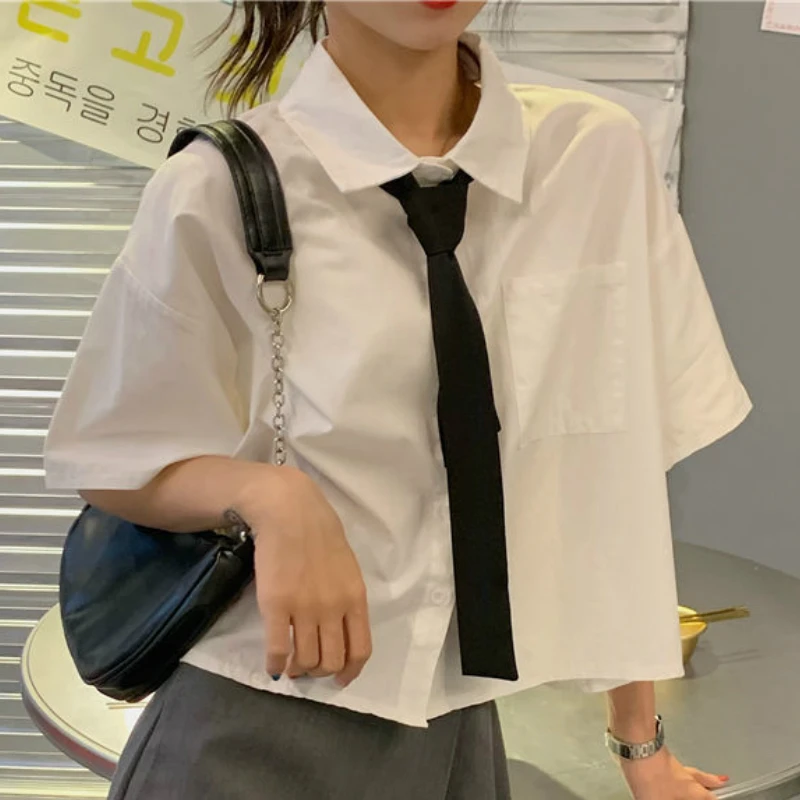 

Shirts Women Simple Basic Leisure Chic Popular College Students Japanese Style Classic Summer Simple All-match Preppy Crop Top