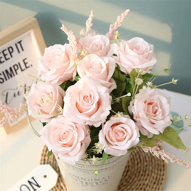 light pink 9 головок, 6 цветов, искусственные шелковые розы, цветы, букет, Флорес, для дома, вечерние, весенние, свадебные украшения, для свадьбы, для свадьбы, искусственный цветок, Шелковый цветок - Цвет: light pink