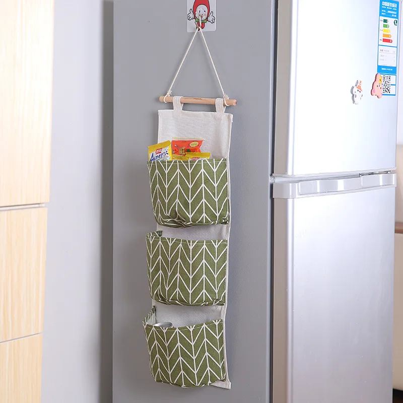 

Storage Bag 3 Pockets Cotton Linen Wall Mounted Wardrobe Hanging Bag Wall Pouch Cosmetic Toys Home Organizer Laundry Basket