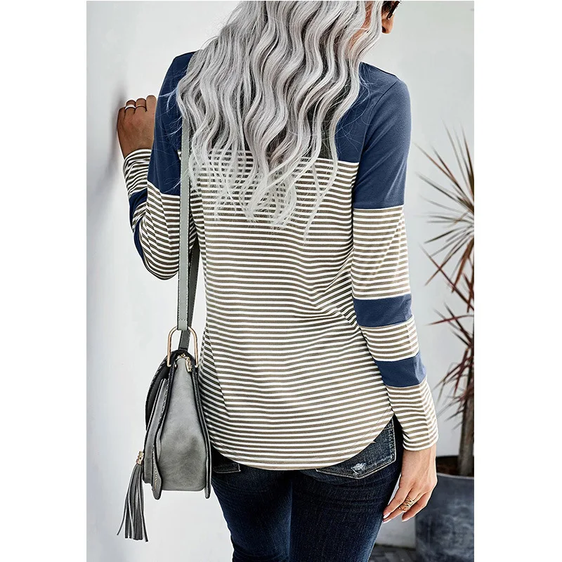 

WEPBEL Striped Stitching T-shirt Women's Casual Pocket T-shirt Top Spring Autumn Long Sleeve O-Neck Loose Print T-shirt