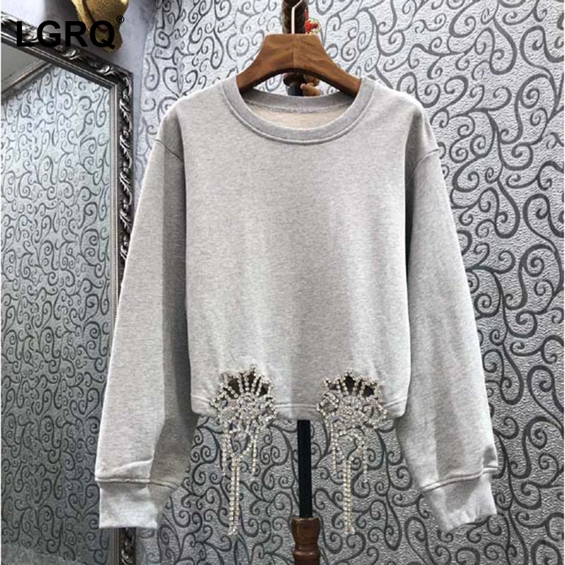 

[LGRQ] Diamond Design Loose Casual Women's Sweatshirt New Round Neck Long Sleeve Fashion Tide Spring Winter 2021 19D4426