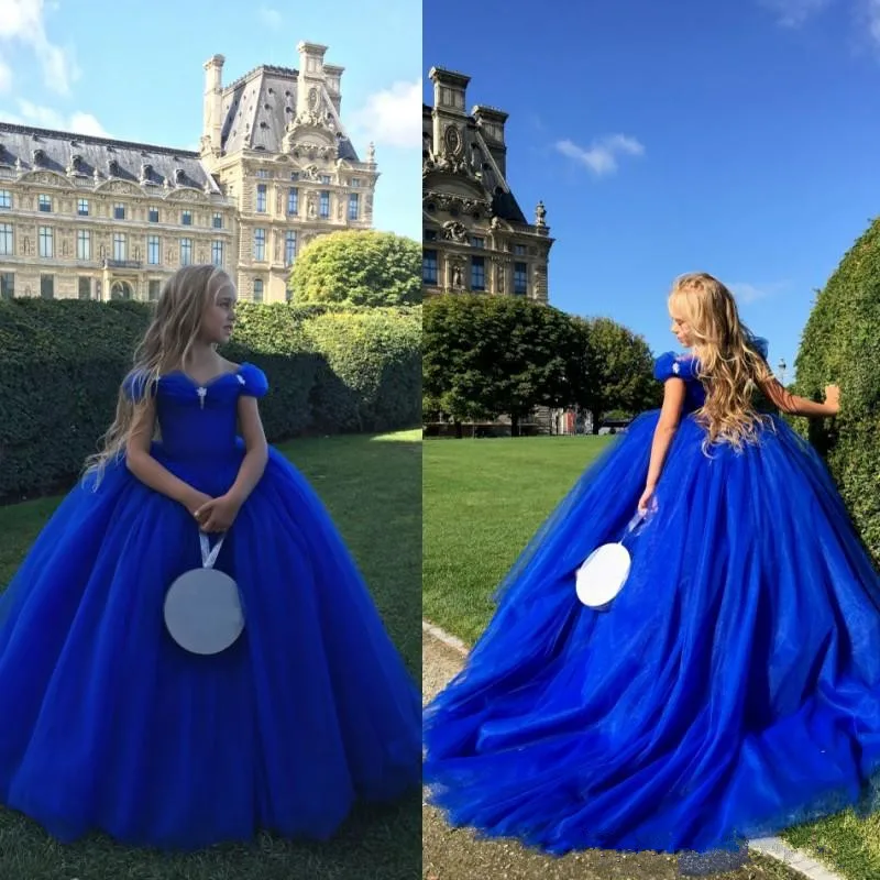 royal blue Красивое ярко-синее платье Золушки для девочек; Нарядные платья с открытыми плечами для девочек-милая праздничная одежда для детей бальное платье для праздничные на заказ - Цвет: royal blue