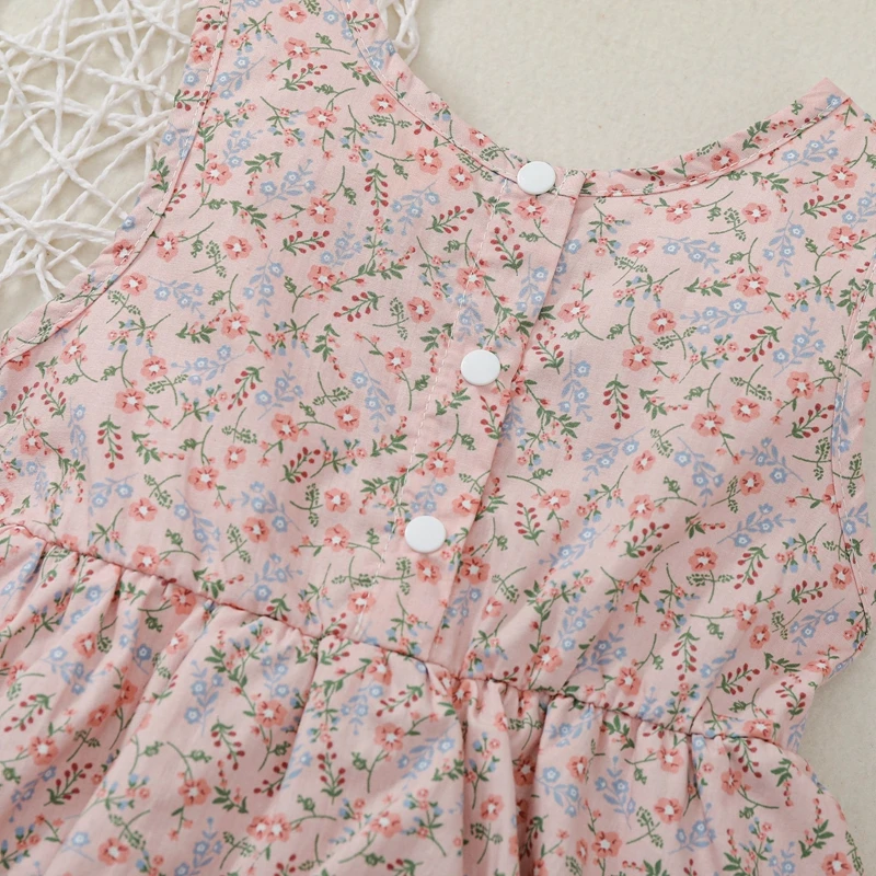 

Cute Baby Girls Fresh Floral Print Romper Fashion Round Neck Sleeveless Ruffles Skirt Hem Triangle One-piece Bodysuit Summer