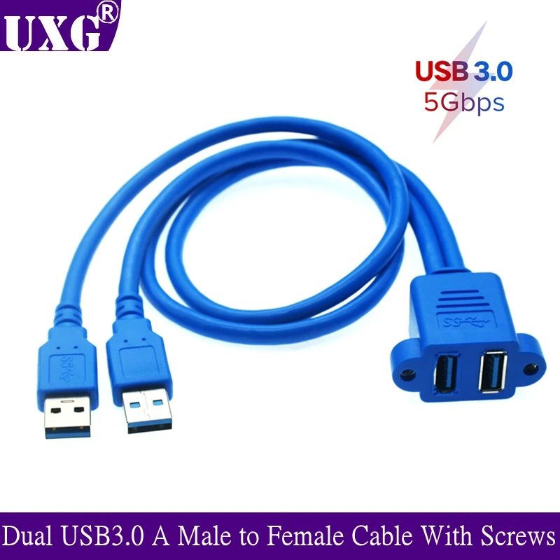 

5Gbps Dual Port USB 3.0 A Male To Female M/F Extension Cable Cord Screw Lock Panel Mount Motherboard USB2.0 Cable 50cm 30cm