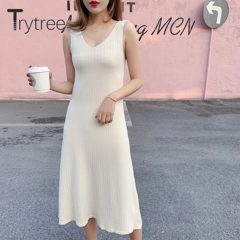 Трикотажное однотонное платье трапеция на бретельках 2 цвета|Женские платья| |