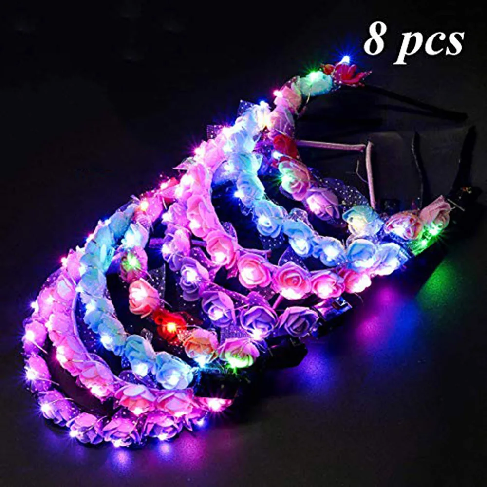 8pcs Colorful Flower Headband LED Light Up Hair Wreath Hoop Women Halloween Christmas Glowing Headwear hoops | Дом и сад