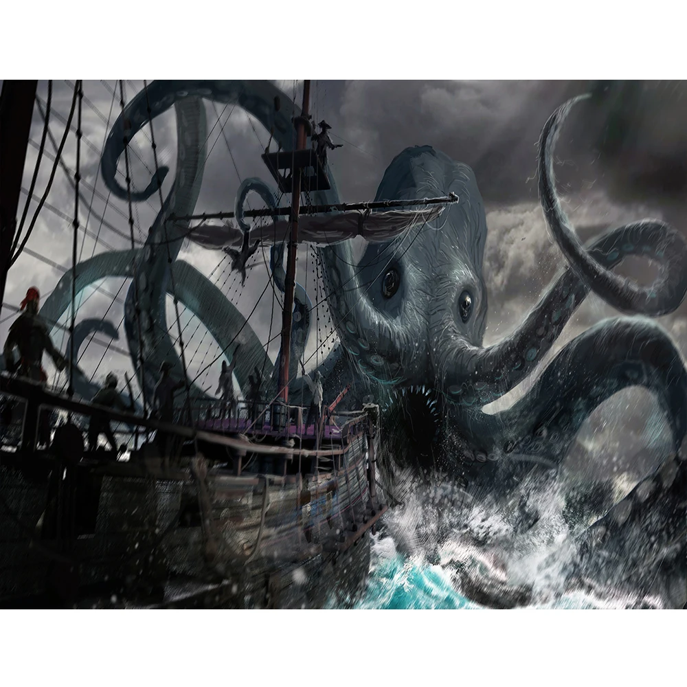 

Photography background pirate ship huge octopus dim moon terrible sea surface backdrop Halloween photocall professional studio
