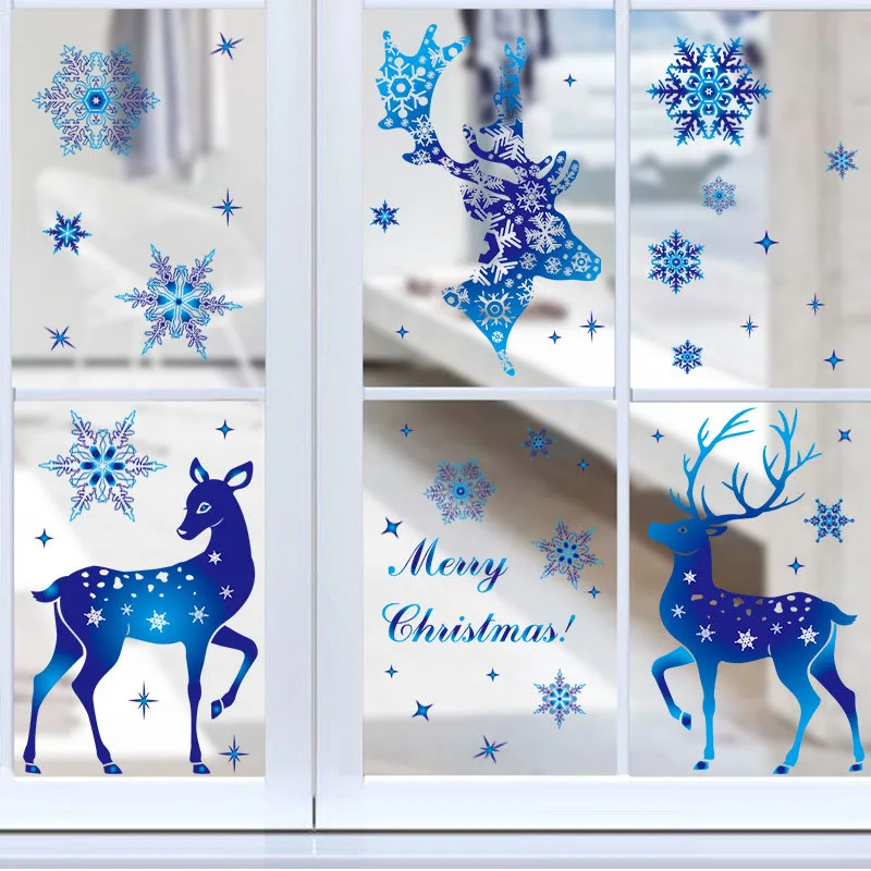 

Christmas Window Decal Blue Elk Snowflake Stickers Winter Wall Decals for Kids Rooms New Year 2022 Christmas Window Decorations