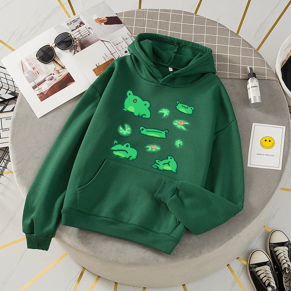 

Women Hoodies Harajuku Warm Hoodie Pullover Pink Womens Korean Streetwear Winter Lotus Leaf Frog Printed Oversized Sweatshirt