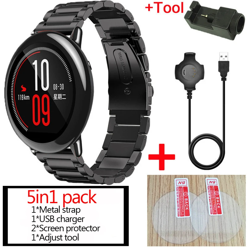 5в1 для Xiaomi Amazfit Pace металлический ремешок из нержавеющей стали+ USB зарядный кабель+ Amazfit pace стеклянная защита экрана