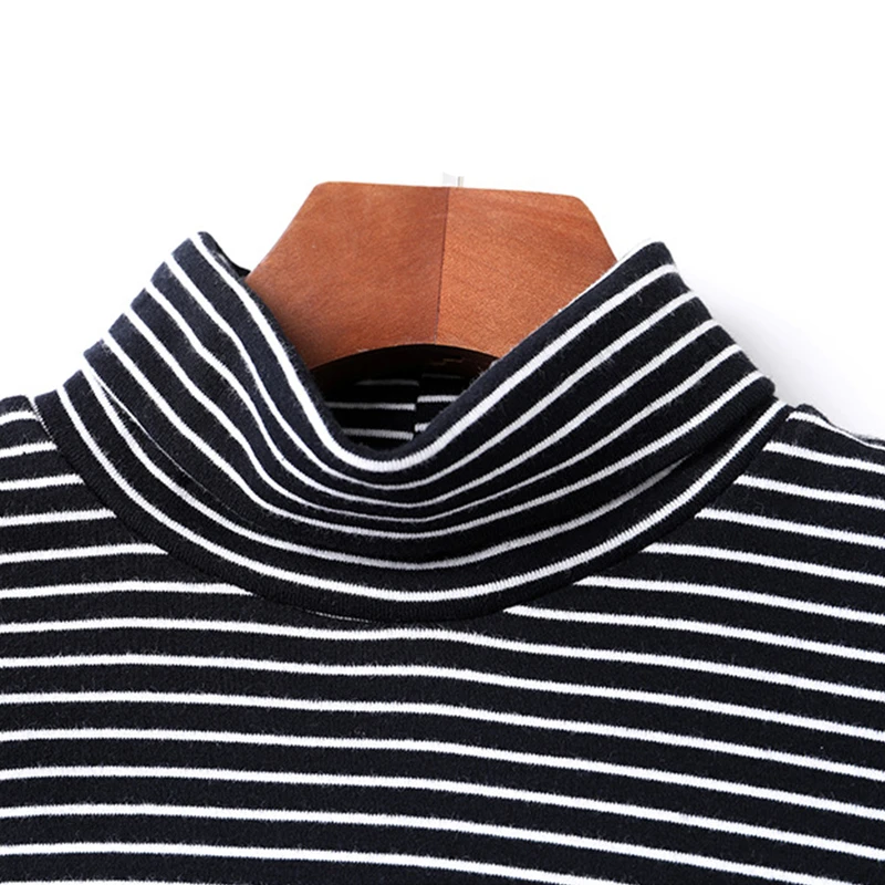 

M-2XL Turtleneck Striped Long Sleeve T Shirt Women Stretch Basic Casual Tops Female Undershirt Pullover Tee Korean Clothes