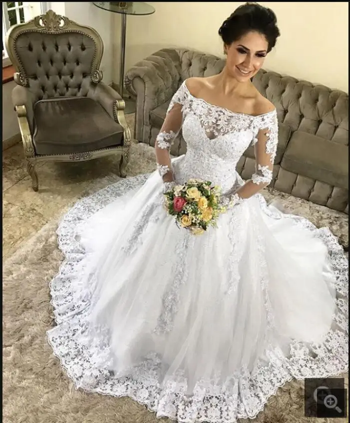 

Robe de mariage 2021 white tulle ball gown wedding dresses beaded sequins off the shoulder long sleeve vintage bridal gowns