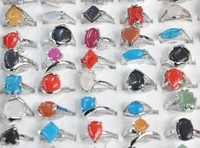 20pcs mix style colorful small natural stone rings womens silver alloy ring fashion jewelry wholesale