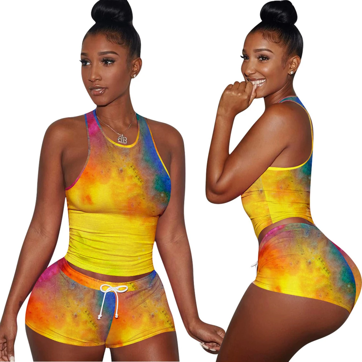 

2 Pieces Sweat Suit Set, Women s Floral Print U-Neck Sleeveless T-Shirt and Short, S/M/L/XL/XXL