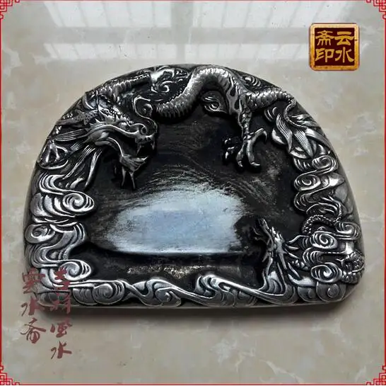 

Chinese handmade fine Miao silver stationery inkstone inkstone Shuanglong disk