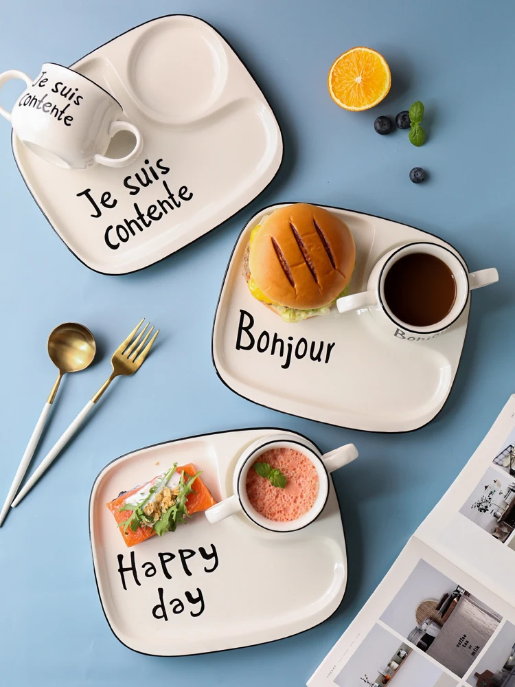 Japanese Breakfast Tableware Set Creative Household Ceramic Bowl Plate Compartment Tray Milk Oatmeal Cup | Дом и сад