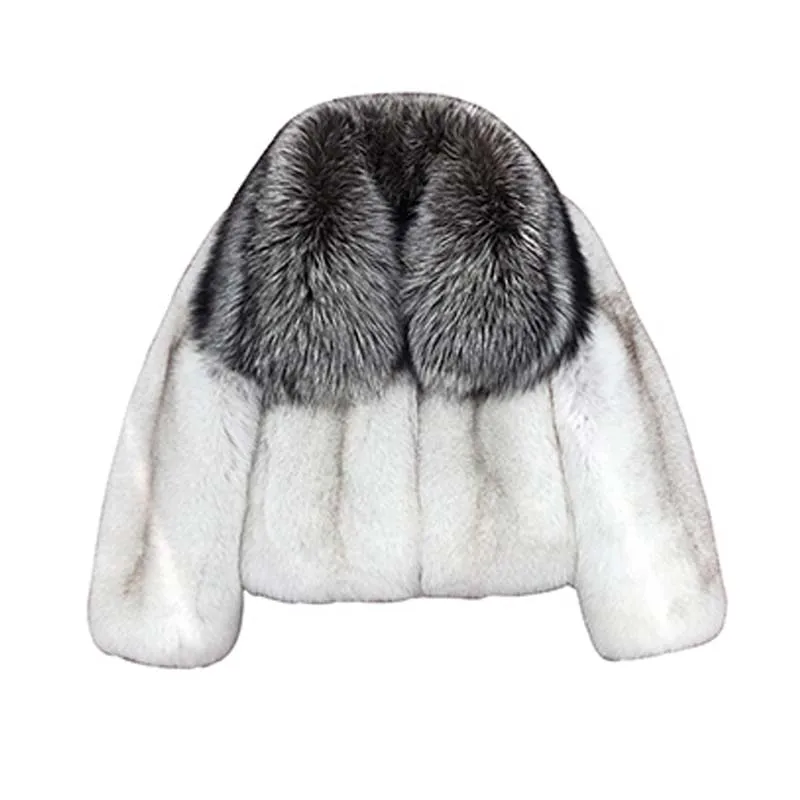 

BFFUR 2021 New Winter Real Fur Jacket Ladies Fashionable Big Silver Fox Fur Collar Ins Short Coat Women Luxury Natural Color