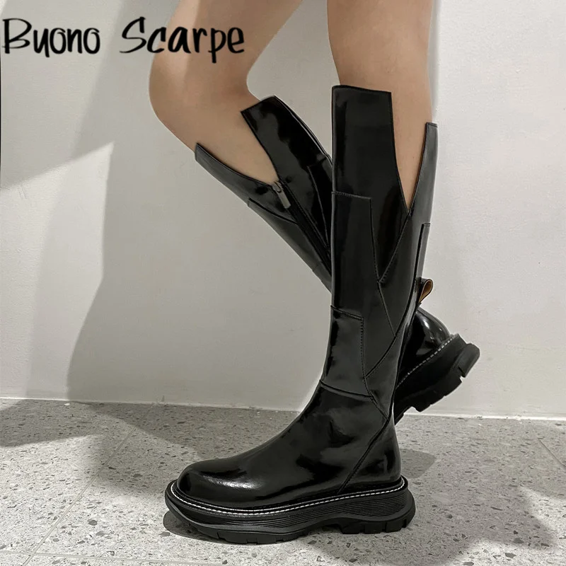 

Women Genuine Leather Platform Boots Thick Bottom Round Toe Long Boots Zipper Ladies Retro Botas 2021 Antumn Winter Short Boots