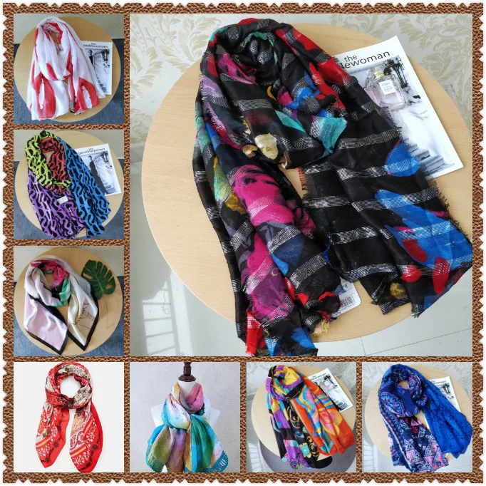 

Spanish Desigual Ladies Fashion popular logo Scarf Shawl Printed Flowery Character Long Scarf Corb Silk