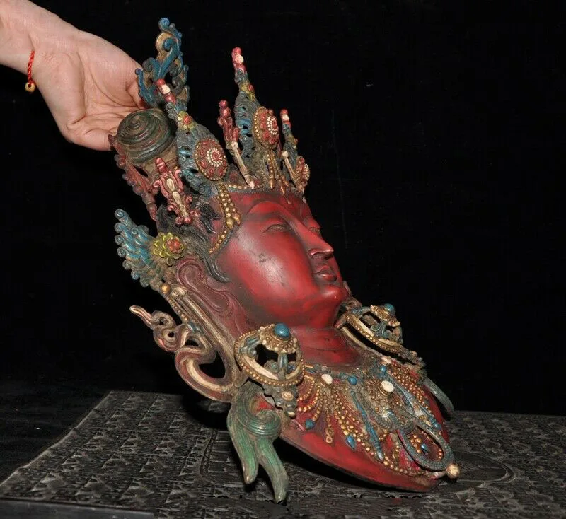 

wedding decoration Old Tibet Temple Bronze Painted Guanyin Kwan-yin Tara Buddha Mask Masks Statue