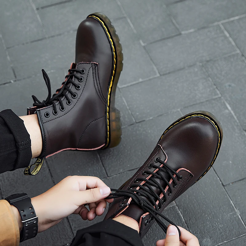 

2021 New Men Women High Quality Genuine Leather Martin British thick-soled front zipper pull cowhide pebbled short boots
