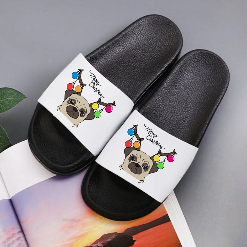 

Merry Christmas Women Summer Slippers Cute Pug Bathroom Indoor Slipper Female Shoes Ladies Fashion Beach Slides
