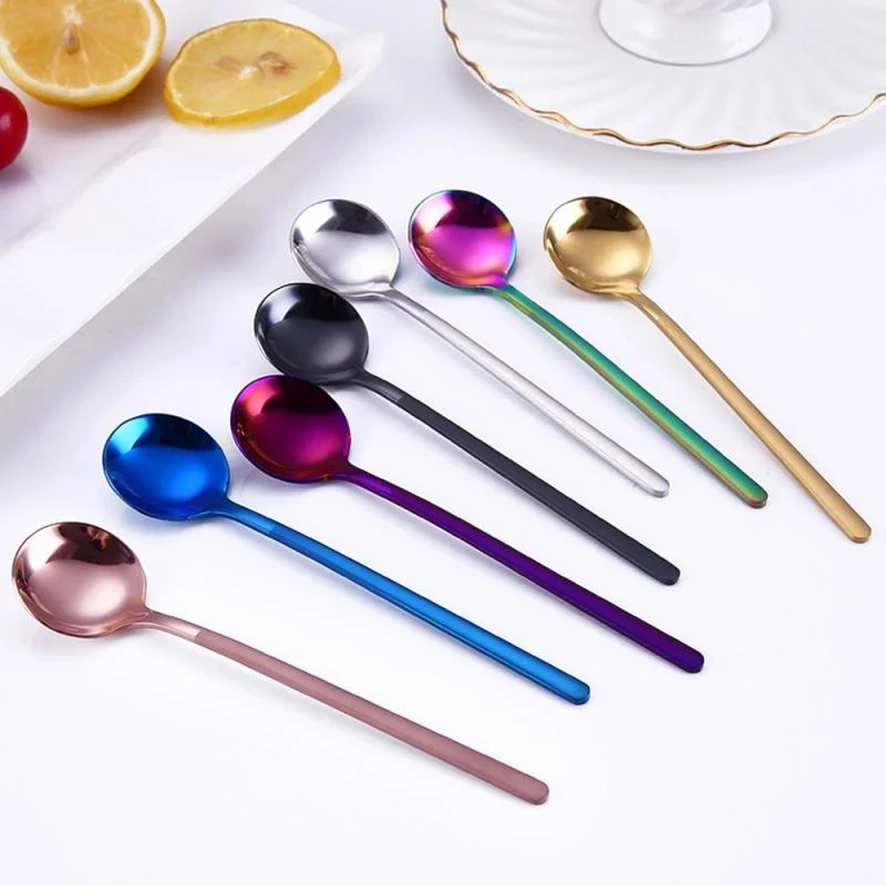 

1Pcs 304 Creative Korean Stainless Steel Coffee Spoon 17cm Small Round Spoon Mixing Spoon Sandblasting Series Long Ice Spoon