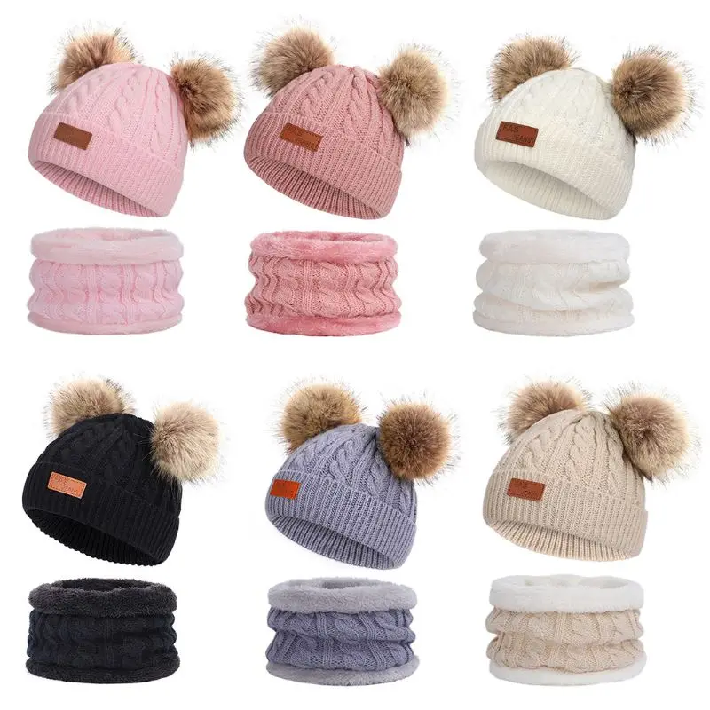 

Детская Зимняя Шапка-бини; Комплект с шарфом бесконечности; Милый пушистый головной убор с помпоном; Теплая шапка на шею; 2XPC