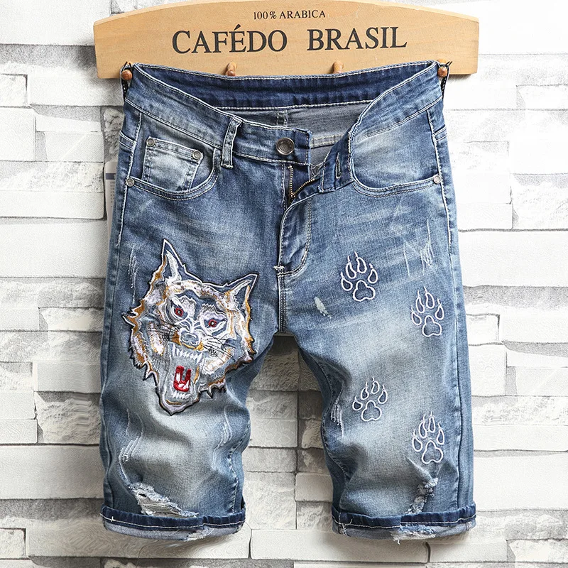 Extra XL Menswear Summer Light Blue Ripped Denim Shorts Men's Wolf Head Flower Embroidery Denim Jeans Short for Men