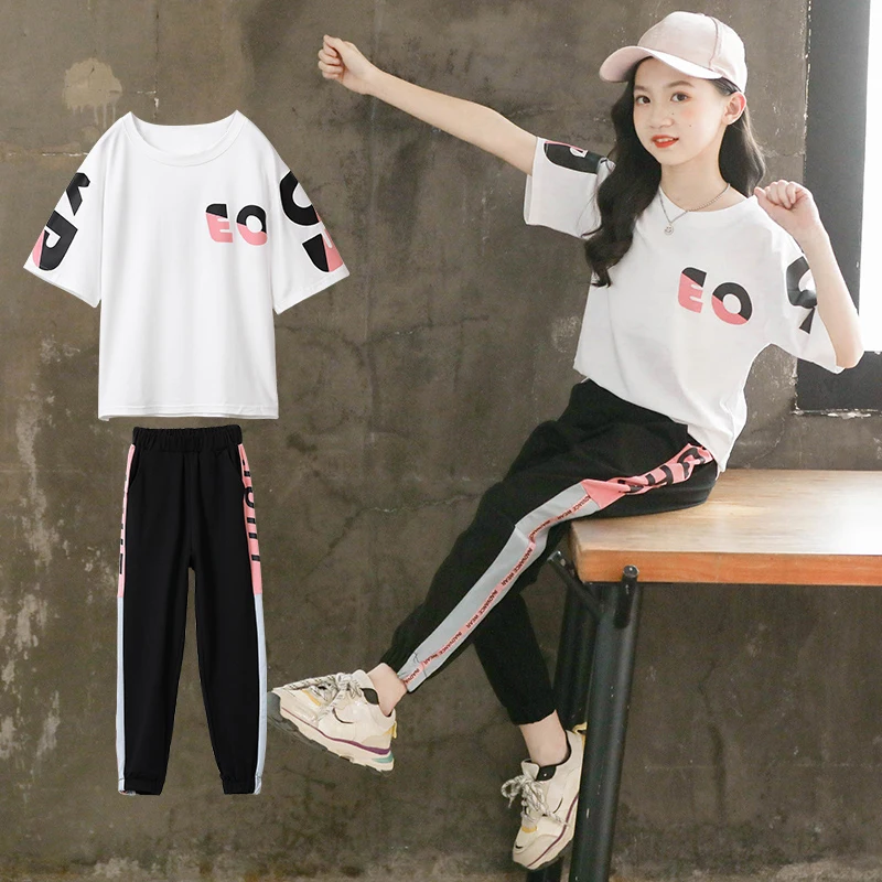

2021 Summer kid baby Girls Clothes Child Tops t shirt + tennis capri pants teenager stripes Tracksuit 6 8 9 10 11 12 14 15 Year