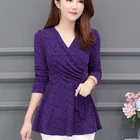 Женский топ с V-образным вырезом, облегающий Топ с длинным рукавом, фиолетовые красные цветы, блузки, рубашки повседневные, новинка 2021, размера плюс