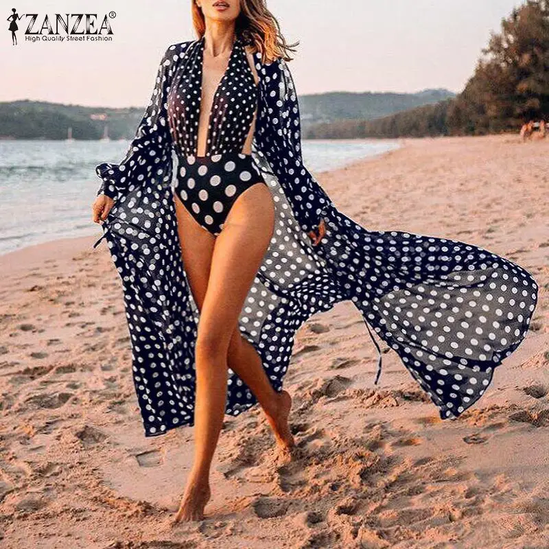 

Женская свободная накидка в горошек, летние длинные пляжные пальто ZANZEA, женская верхняя одежда с расклешенными рукавами, модные праздничны...